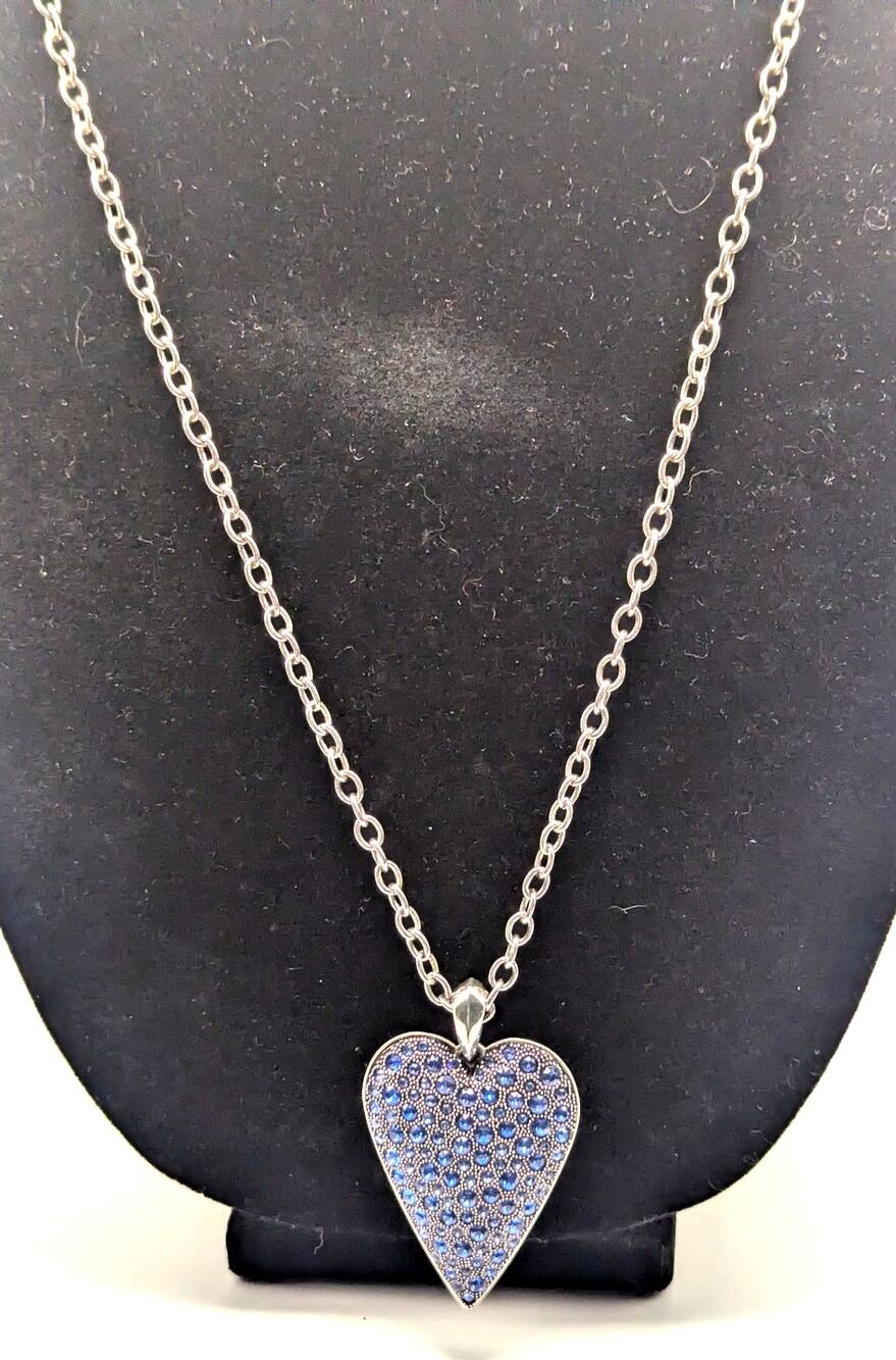 BRIGHTON Heart Pendant Necklace Womens Silver Tone Blue Crystal Pave 36in